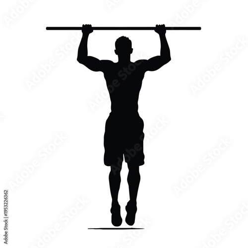 Silhouette of a strong man performing a pull-up exercise on a horizontal bar, demonstrating upper body strength and fitness.
