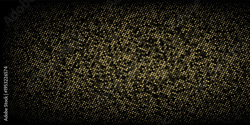 Abstract luxury banner with golden glittering dots on black background. Sparkling glitter bottom border, vector frame. Halftone effect. Magical gold dust. Pop art style backdrop.