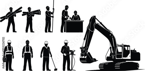 Construction workers silhouettes with excavator and tools representing industrial labor engineering teamwork heavy equipment operation and infrastructure development in urban building site scene