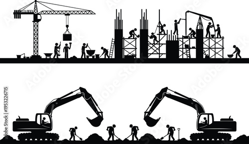 Construction workers silhouettes with tower crane, scaffolding and excavators, depicting teamwork, heavy machinery, building process and urban infrastructure development on industrial site scene
