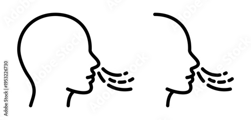 Breathing icon outline. Human head profile inhaling through nose with airflow symbol. Respiratory pictogram representing inhale, fresh air and health concept. 
