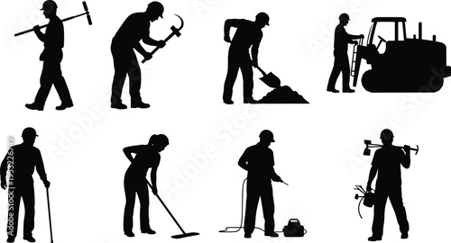 Construction worker silhouettes set with tools machinery and equipment representing industrial labor handyman tasks maintenance work and building industry workforce isolated on white background