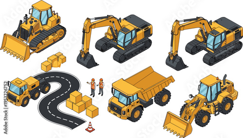 Isometric construction machinery set with bulldozer excavators dump truck loader road elements and workers illustrating heavy equipment transport engineering and infrastructure development concepts