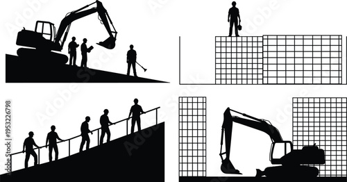 Silhouette construction scenes with workers, excavator and reinforced concrete structures, illustrating teamwork, building process, safety practices and urban infrastructure 