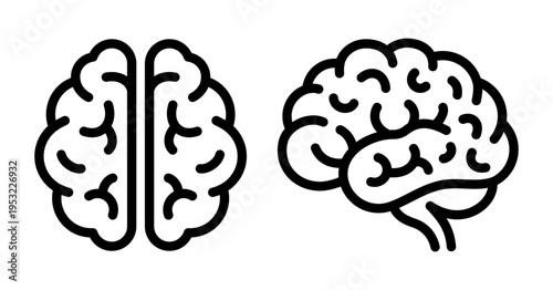 Human brain icon in minimal black and white outline style. Simple linear pictogram showing top and side views, isolated on white background. Clean scalable vector illustration.