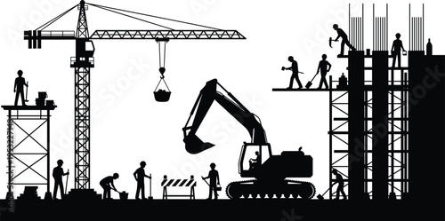 Silhouette of large construction site with tower crane, excavator and workers building concrete structure, heavy machinery and teamwork in urban infrastructure development project scene