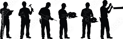 Silhouette set of construction workers holding tools, including hammer, drill and circular saw, representing skilled labor, craftsmanship and industrial building work concept