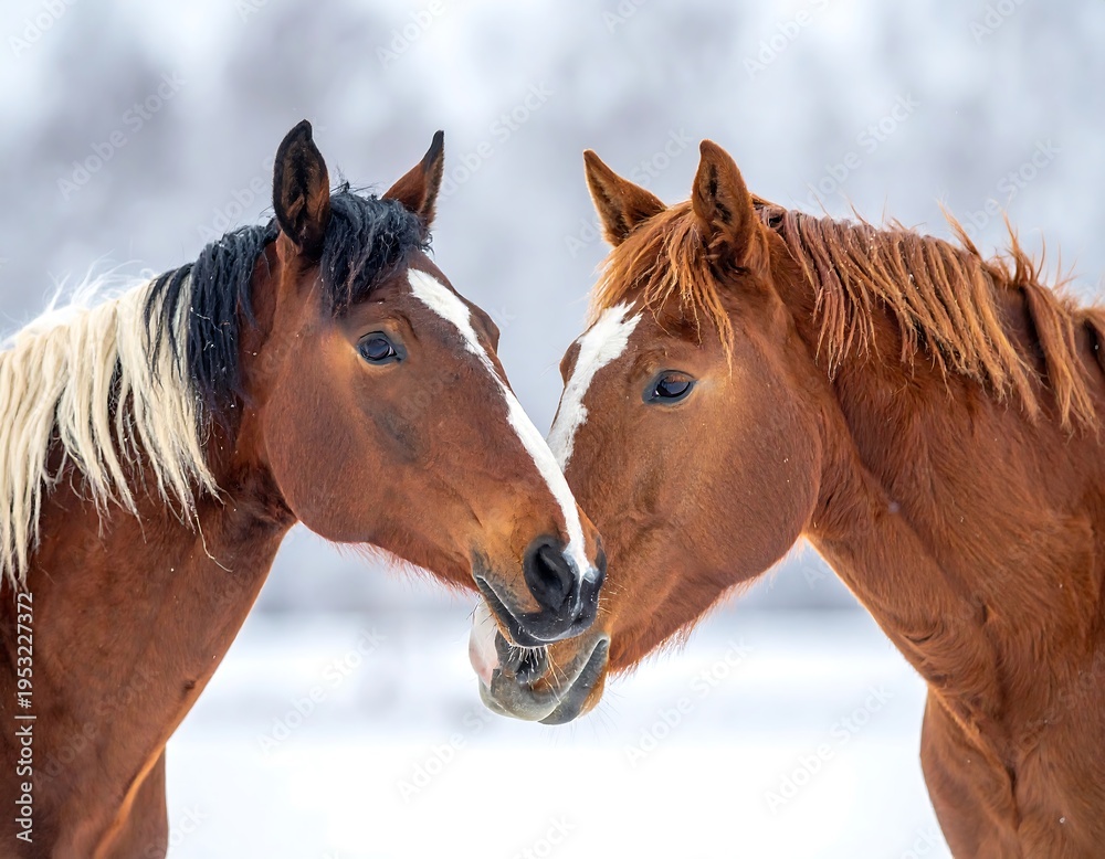 Fototapeta premium Two brown horses touching faces in a snowy landscape
