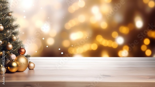 Warm Golden Christmas Ornaments Resting on a Wooden Table with Soft Bokeh Lights