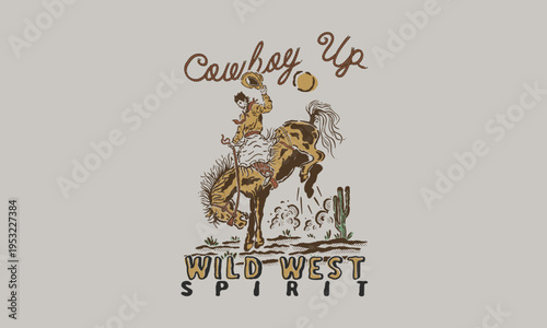 Rearing horse and rider drawing, retro western design, saddle bronc action, yellow shirt, yellow hat, rancher life, texas, classic cartoon, isolated vector graphic
