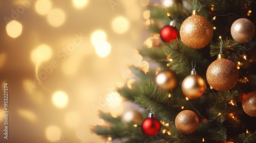 Warmly lit Christmas tree with golden and red ornaments and soft bokeh lights