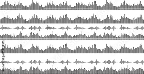 Abstract Audio Waveform Collection Featuring Digital Sound Frequency Visualizations And Rhythmic Music Signal Patterns For Professional Podcast And Recording Studio Design
