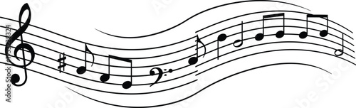 Abstract Musical Staff Illustration Featuring Treble and Bass Clefs with Notes and Flowing Wave Lines for Creative Rhythmic Audio Background Design