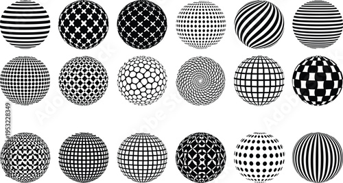 Abstract Geometric 3D Sphere Collection Featuring Halftone Dots Striped Patterns And Grid Textures For Modern Tech Branding And Minimalist Graphic Design