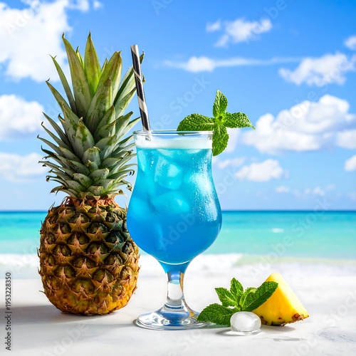 Tropical cocktail with pineapple, mint, and beach background