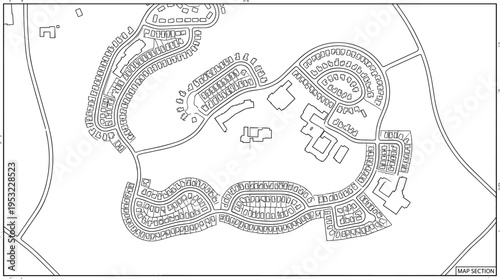 Detailed residential master plan map, urban neighborhood layout with curved streets and housing blocks, top view city planning, infrastructure design blueprint illustration