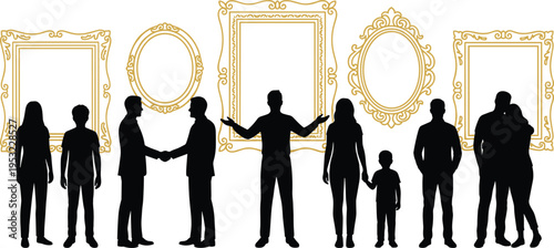 Art gallery visitors silhouettes with ornate golden frames, museum exhibition concept, people interacting and observing artwork, minimal vector illustration, isolated background scene