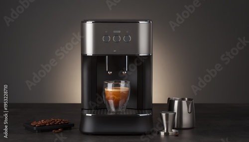 Sleek Modern Automatic Espresso Machine in Matte Black and Brushed Stainless Steel Brewing Fresh Coffee Into a Clear Glass Cup With Coffee Beans, Milk Frothing Pitcher and Tamper on Dark Surface