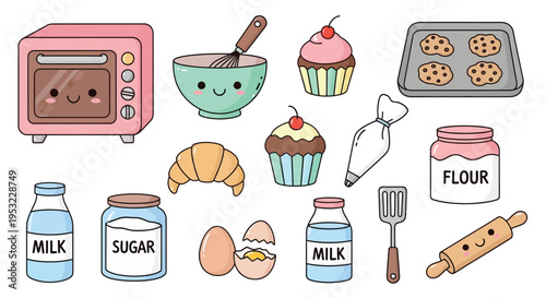 A delightful collection of cute kawaii baking ingredients and kitchen tools, featuring an oven, mixing bowl, cupcakes, cookies, milk, sugar, and eggs.