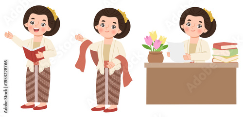 Indonesian woman in traditional kebaya and batik illustration set