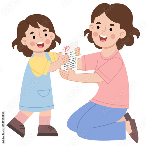 Illustration of Happy girl showing good report card to her mother
