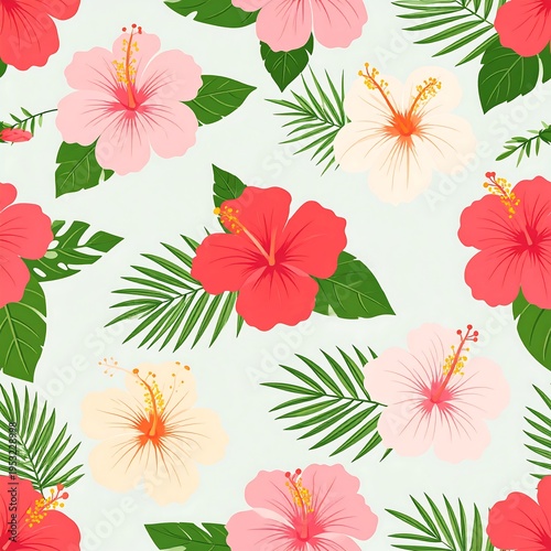 Tropical floral pattern with colorful hibiscus flowers and green foliage