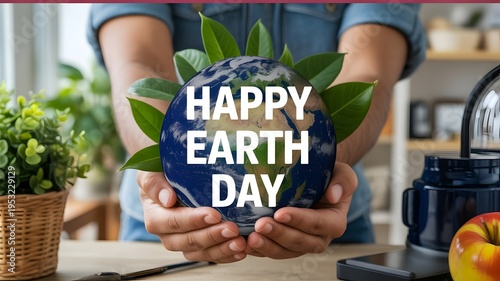 Person holding a globe with happy earth day message and green leaves on a table