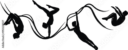 Silhouette of athletes performing rhythmic gymnastics with ribbon, flexibility and motion concept, artistic sport performance, dynamic movement illustration, black and white