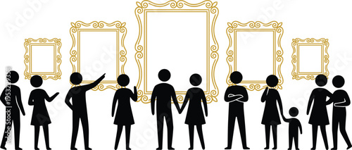 Museum visitors silhouettes viewing empty golden frames, art gallery exhibition concept, people observing artwork, minimal vector illustration, isolated background, cultural experience scene