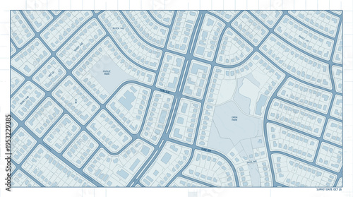 Urban city map blueprint illustration, residential neighborhood layout with streets and blocks, cartography design concept, minimal vector style, detailed planning, isolated background