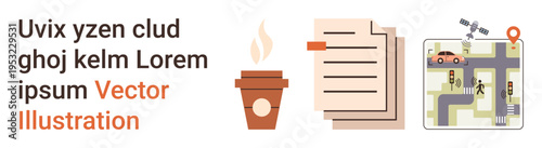 Business workflow, navigation planning, break time, logistics, creative design, urban commuting. A coffee cup, document paper and map with a car route. Business workflow and navigation planning