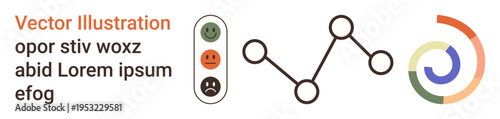 Data visualization, performance tracking, mood analysis, user feedback, business insights, infographic design. Traffic light with emoticons, connected nodes circular graph. Mood analysis and data