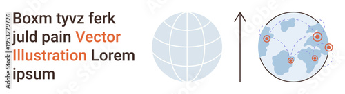 Global communication, networking, technology, worldwide trade, data flow, business expansion concepts. A globe with connection nodes and directional arrow. Global communication and networking ideas