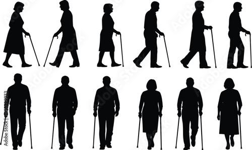 Elderly people silhouette set, senior men and women walking with canes, mobility aid, geriatric healthcare, disability icons, isolated on white.