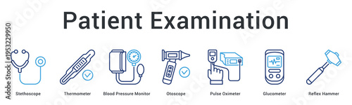 Patient examination banner web icon displays essential diagnostic tools for comprehensive health assessment procedures.
