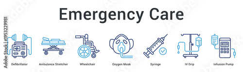 Emergency care banner web icon presents lifesaving equipment for rapid response and critical patient treatment.