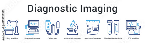 Diagnostic imaging banner web icon combines advanced visualization and testing equipment for accurate medical diagnosis.