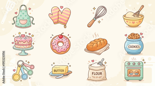 Cute cartoon baking icons set with apron, oven mitts, whisk, cake, donut, bread, cookies, measuring spoons, butter, flour, and oven.