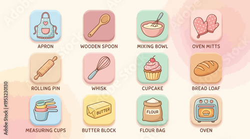 Collection of cute pastel baking and cooking utensil icons with ingredients and baked goods like cupcake and bread loaf.