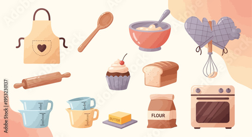 A delightful collection of baking tools and ingredients, including an apron, rolling pin, measuring cups, flour, butter, bread, cupcake, bowl, spoon, whisk, and oven.