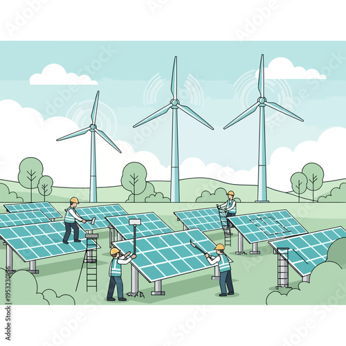 Workers installing solar panels for renewable energy generation.