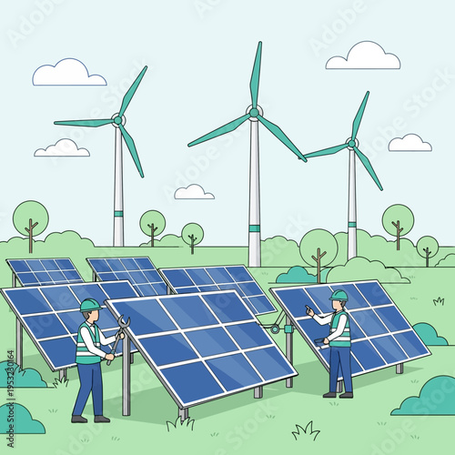 Workers installing solar panels for renewable energy generation.