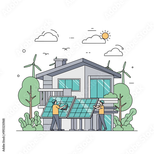 Workers installing solar panels on a house for renewable energy.