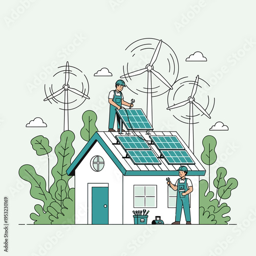 Workers installing solar panels on a house roof for renewable energy.