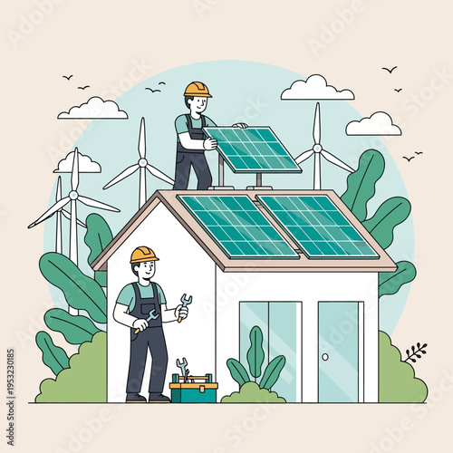 Workers installing solar panels on a house roof for renewable energy.