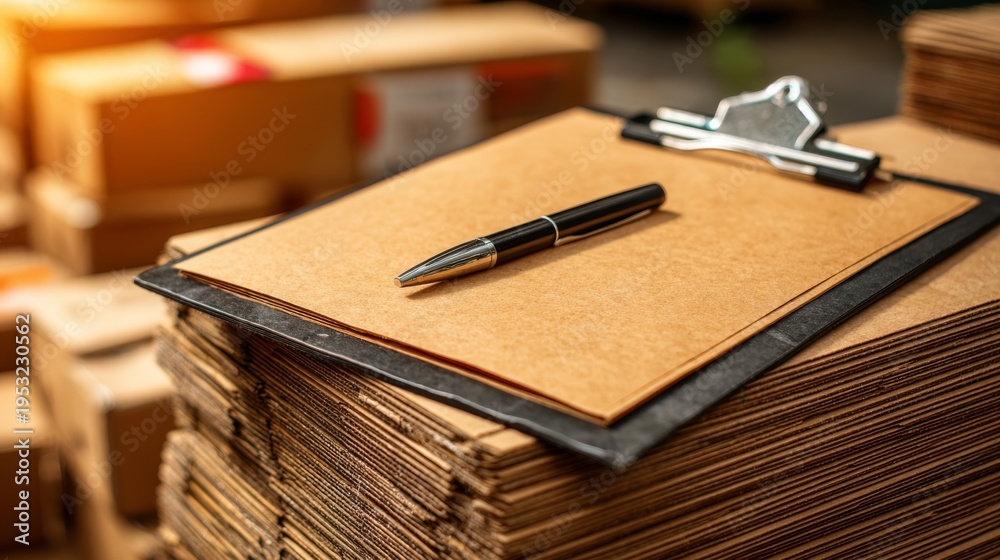 Fototapeta premium Clipboard sits on top of cardboard boxes in a logistics center with warm light and a clear focus on organization and delivery tasks