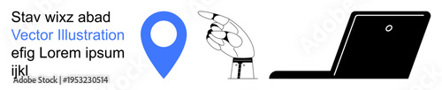 Navigation, location services, geotagging, digital tools, technology, connectivity. A drawn hand points to a blue location pin next to a laptop. Navigation and location services ideas conveyed