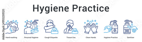 Hygiene practice banner web icon emphasizes proper handwashing and cough etiquette for disease prevention routines.