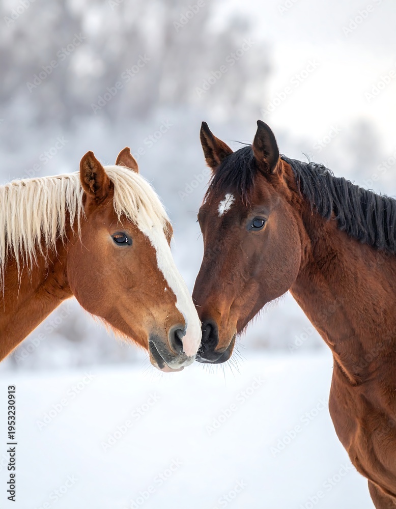 Fototapeta premium Two horses nose-to-nose in a snowy, blurred winter landscape
