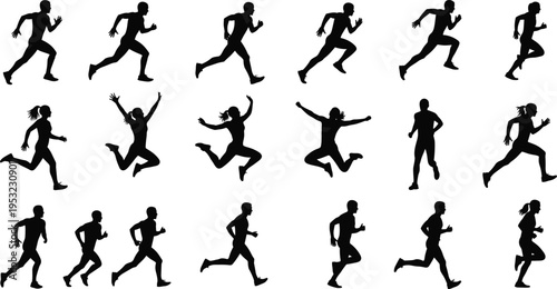 WebRunning people silhouette set, male and female joggers, marathon runners, athletes jumping, sprinting, fitness workout, active lifestyle, vector icons, white background.